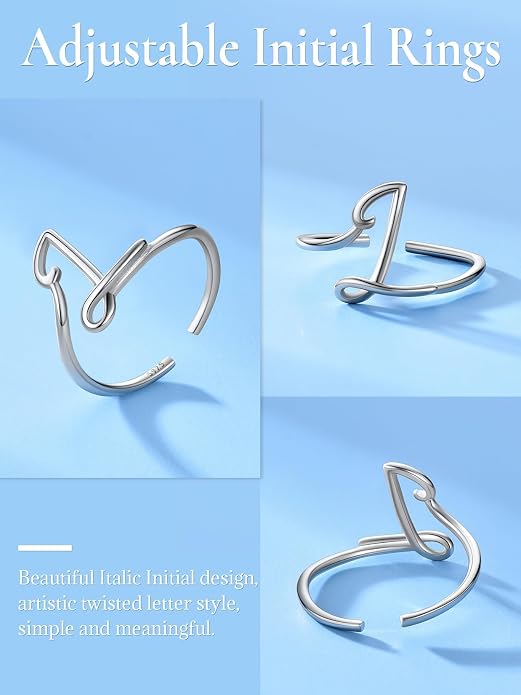 SILVERCUTE S925 Initial Rings, Adjustable Size 6-12 Statement Alphabet Letter A-Z Jewelry Personalized Twisted Initials Rings Sterling Silver Stacking Ring for Women