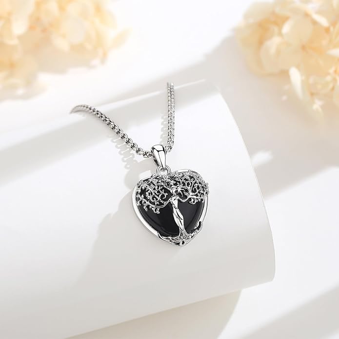 AEONSLOVE Tree of Life Necklace with Crystal for Women, Amethyst/Obsidian/Turquoise/Moonstone/Malachite Crystal Pendant Necklaces for Ladies