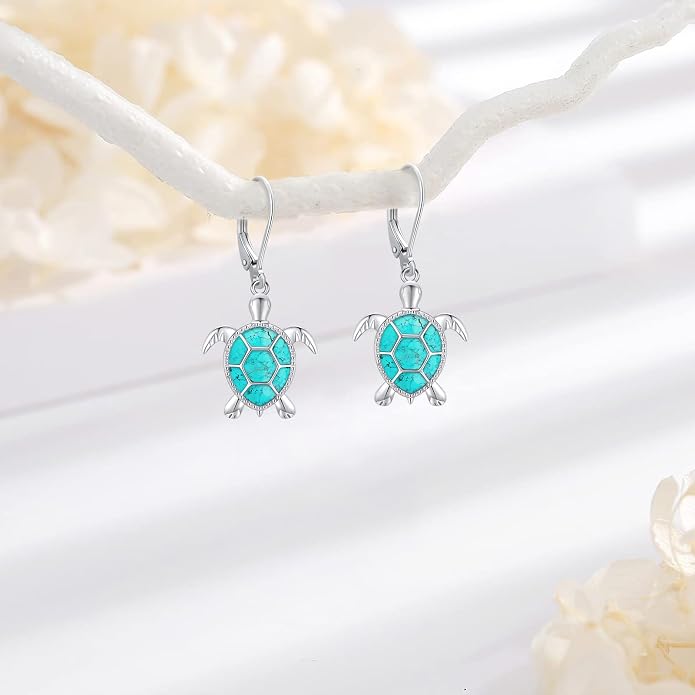Black Cat/Turtle/Moonstone//Turquoise/Flower/Tree of Life Earrings Sterling Silver Cute Animal Leverback Dangle Earrings Jewelry Gifts