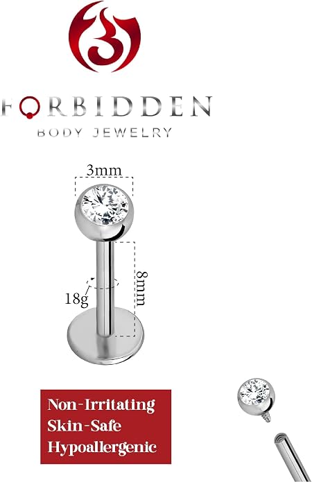 Forbidden Body Jewelry 16G-18G Internally Threaded Solid Titanium Tragus/Helix Earring/Labret Stud with CZ Ball Top