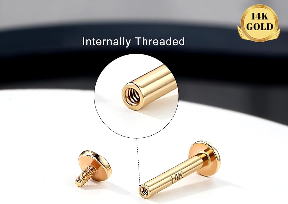 Melighting 14K Solid Gold Flat Back Cartilage Earring 16G Helix Piercing Jewelry Internally Threaded Labret 8mm