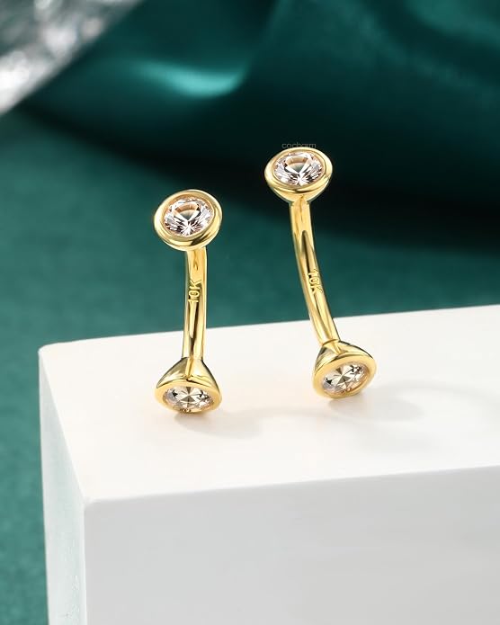 COCHARM 10K Solid Gold Belly Button Rings Internal Thread 10K Real Gold Belly Navel Rings Double CZ 10kt Yellow Gold Navel Piercing Jewelry 14g For Women Men