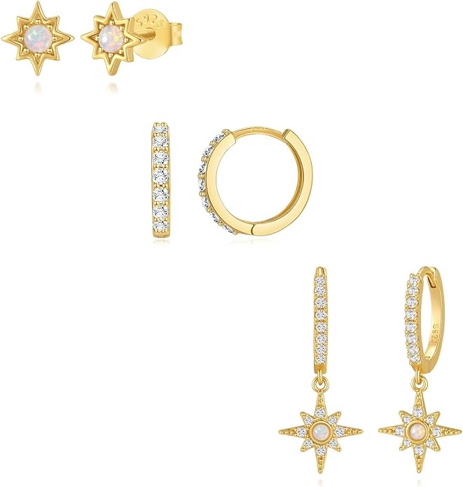 Angelady Opal Earrings Set for Women, Hypoallergenic S925 Sun Stud Earring for Sensitive Ears, Dainty Hoop Huggie Silver Opal Dangle Earring Stacks, Blue Earrings for Women Trendy 2025