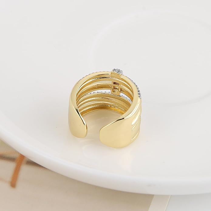 HZMAN 14K Gold Plated Brass Open Ring Collection for Women, Non-Adjustable Crystal Inlay Statement Rings, Wide Band Cocktail Jewelry Assorted Styles