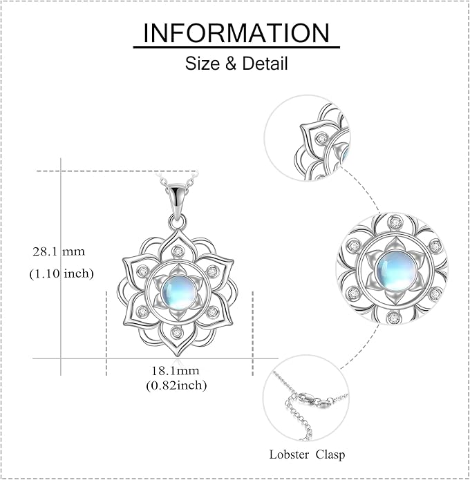 ONEFINITY Lotus Necklace 925 Sterling Silver Moonstone Pendant Necklace Yoga Lotus Jewelry for Women