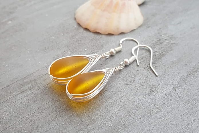 Handmade Sea Glass Earrings, Hawaiian Jewelry, Wire Braided Earrings Teardrop Earrings, Beach Jewelry Sea Glass Jewelry For Women Birthday Gift