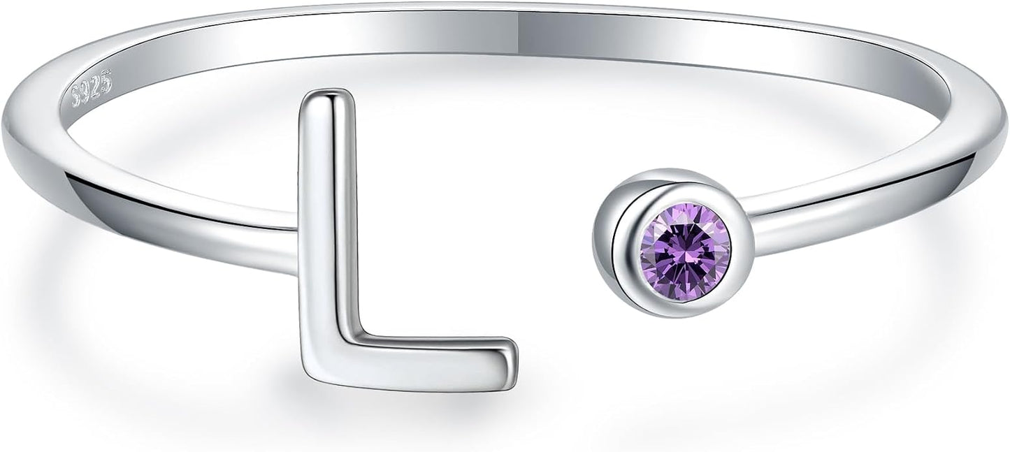 925 Sterling Silver Initial Letter Birthstone Rings for Women Adjustable 1-12 Month Birthstone Alphabet Stacking Ring for Teens Girls Stackable Birthstone Rings Birthday Jewelry Gift for Daughter Mom