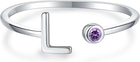 925 Sterling Silver Initial Letter Birthstone Rings for Women Adjustable 1-12 Month Birthstone Alphabet Stacking Ring for Teens Girls Stackable Birthstone Rings Birthday Jewelry Gift for Daughter Mom