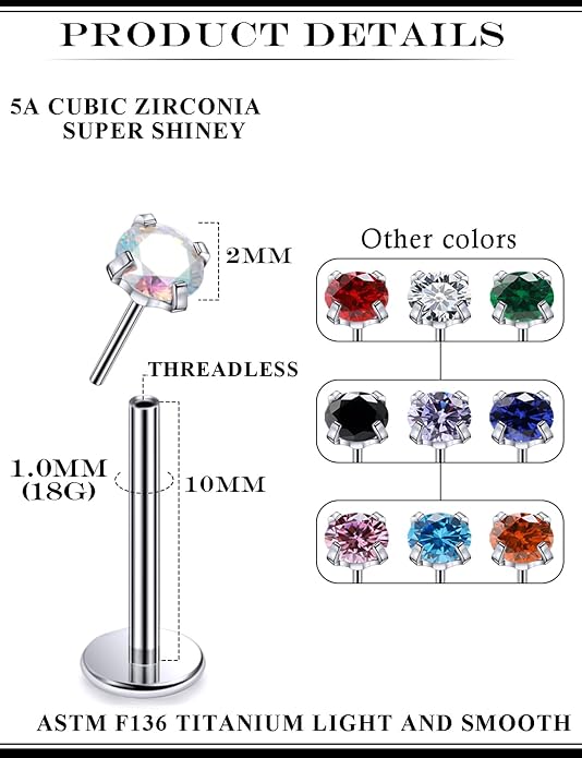 20G 18G 16G Astm F136 Titanium Threadless Flat Back Earrings Nose Studs Tragus Helix Conch Cartilage Lobe Earrings Medusa Labret Snake Bite Monroe Lip Ring Piercing Jewelry For Women Men