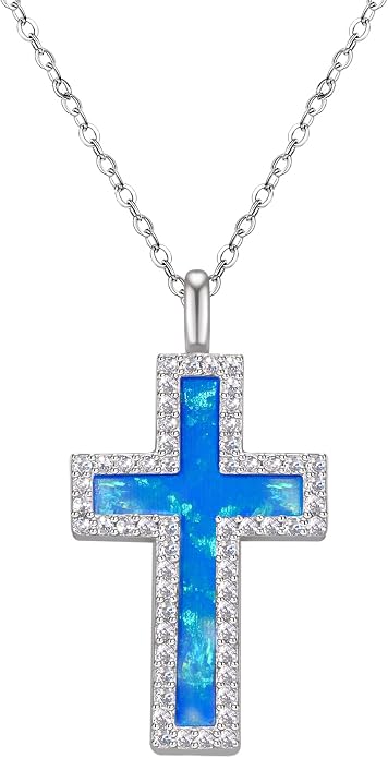 NORBU S925 Opal Cross Necklace for Women, Sterling Silver Opal Gemstone Womens Cross Necklaces, Cross Pendant with 5A Cubic Zirconia, Women's October Birthstone Jewelry Gifts for Birthday, Anniversary, Christmas