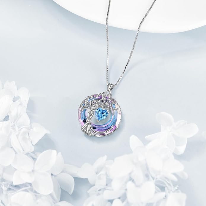 POPLYKE Mothers Day Gifts for Mom Her Wife Tree of Life Necklace 925 Sterling Silver Birthstone Pendant with Crystal Anniversary Birthday Wedding Jewelry for Women