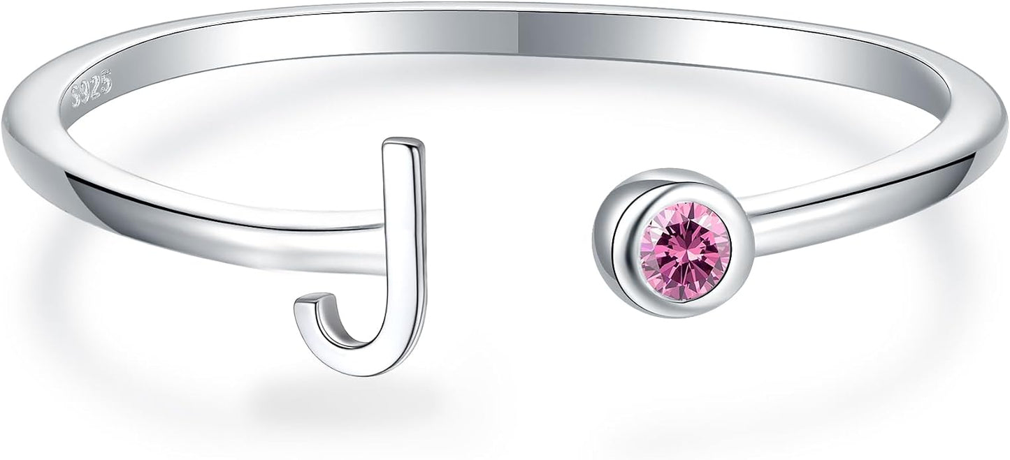 925 Sterling Silver Initial Letter Birthstone Rings for Women Adjustable 1-12 Month Birthstone Alphabet Stacking Ring for Teens Girls Stackable Birthstone Rings Birthday Jewelry Gift for Daughter Mom