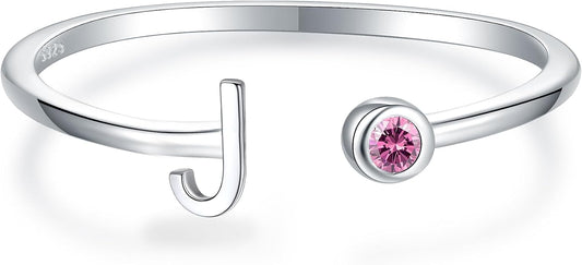 925 Sterling Silver Initial Letter Birthstone Rings for Women Adjustable 1-12 Month Birthstone Alphabet Stacking Ring for Teens Girls Stackable Birthstone Rings Birthday Jewelry Gift for Daughter Mom