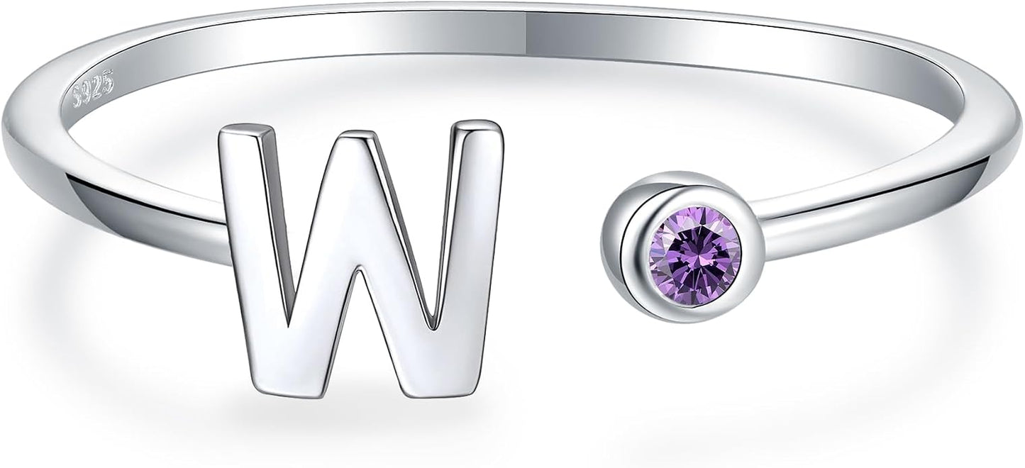 925 Sterling Silver Initial Letter Birthstone Rings for Women Adjustable 1-12 Month Birthstone Alphabet Stacking Ring for Teens Girls Stackable Birthstone Rings Birthday Jewelry Gift for Daughter Mom