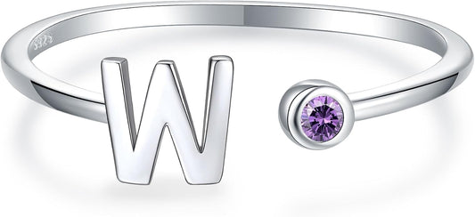 925 Sterling Silver Initial Letter Birthstone Rings for Women Adjustable 1-12 Month Birthstone Alphabet Stacking Ring for Teens Girls Stackable Birthstone Rings Birthday Jewelry Gift for Daughter Mom