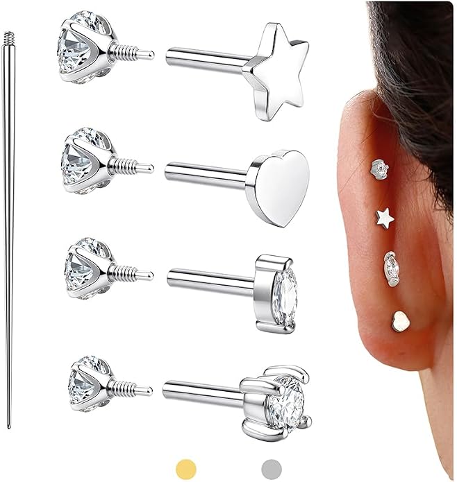 GEMQUEEN Reversible Flat Back Earrings Studs Hypoallergenic - 14K Gold Filled Surgical Steel Earring 18G Cartilage Helix Tragus Conch Piercing Jewelry Extended Internal Thread Earrings for Women Men