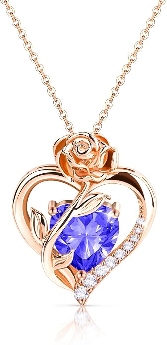 Anniversary Birthday Gifts for Women - Heart Birthstone Necklace: 925 Sterling Silver Rose/White/Yellow Gold Pendant Necklaces Gold Jewelry Gift for Wife Girlfriend Mom Daughter Grandma