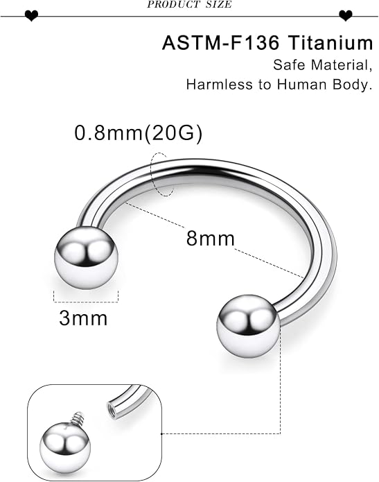 20G 18G 16G 14G 12G 8G 6G 4G 2G ASTM F136 Titanium Internal Thread Horseshoe Septum Ring Jewelry Circular Barbell Helix Snug Tragus Rook Daith Cartilage Earring Lip Ring Piercing Jewelry