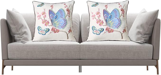 Set of 2 Embroidered Decorative Throw Pillow Covers Couch Square Pillowcases Cushion for Bedroom Sofa Farmhouse Decor 18x18 Inch (Blue Butterfly)