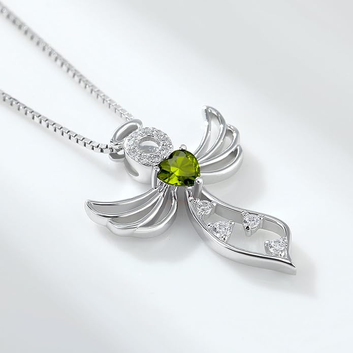 925 Sterling Silver Guardian Angel Pendant Necklace for Women - Birthstone Cubic Zirconia, 18" Chain, Gift for Her
