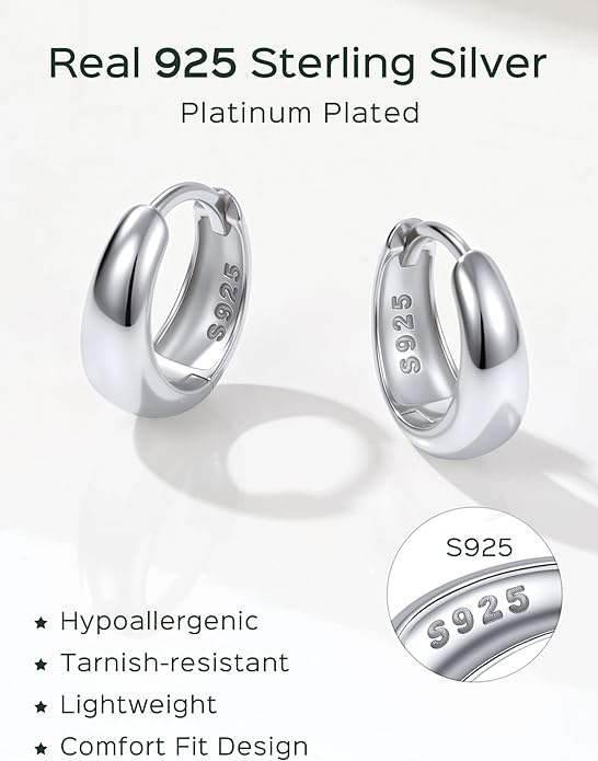ChicSilver Solid 925 Sterling Silver Chunky Hoop Earrings for Women, Silver Small Thick Huggie Earrings Hypoallergenic Lightweight Silver Hoop Earrings for Sensitive Ears (8/10/12/14mm)