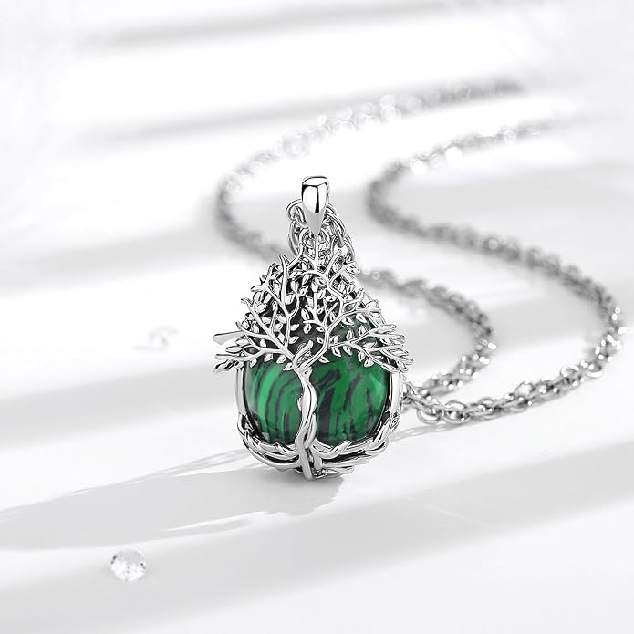 Vito Tree of Life Necklace for Women Men, Silver Plated Copper Teardrop Moonstone/Obsidian/Turquoise/Amethyst/Malachite Crystal Tree Necklace Protection Energy Amulet Jewelry Gift for Mom Wife, 20+2"