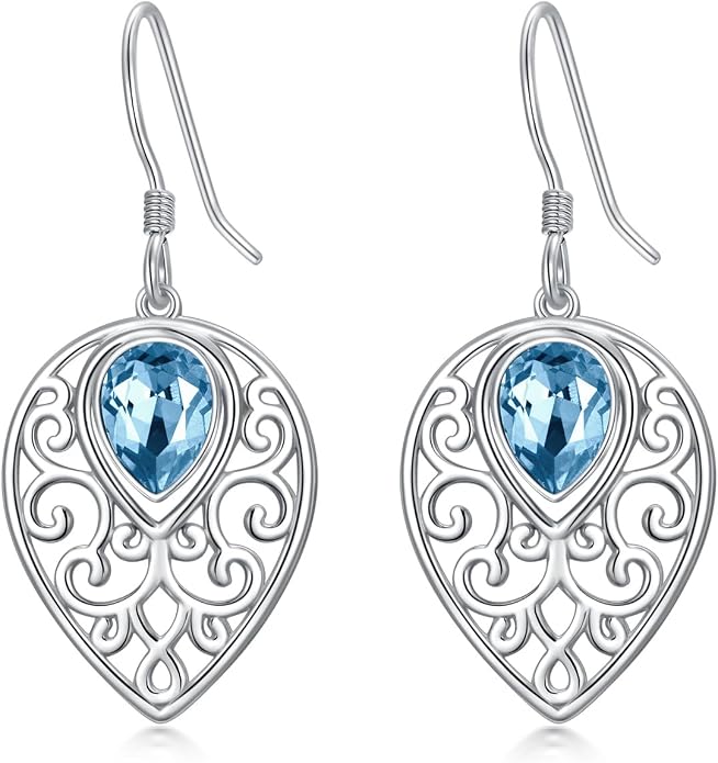 Teardrops Earrings 925 Sterling Silver Filigree With Blue Cubic zirconia Teardrops Dangle Drop Hook Earrings for Women and Teen Girls