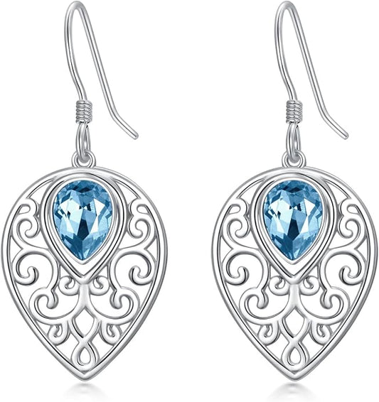 Teardrops Earrings 925 Sterling Silver Filigree With Blue Cubic zirconia Teardrops Dangle Drop Hook Earrings for Women and Teen Girls