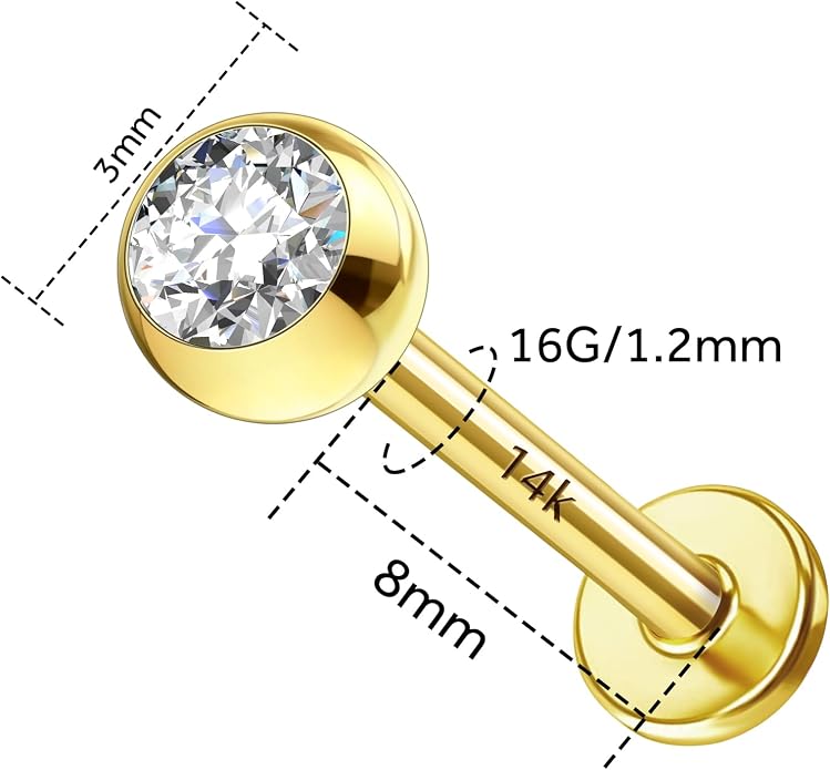 14k Yellow/White Gold Body Jewelry Earrings for Women Threaded Micro CZ Gem Top Tragus/Helix/Labret Stud 16G 6mm 8mm