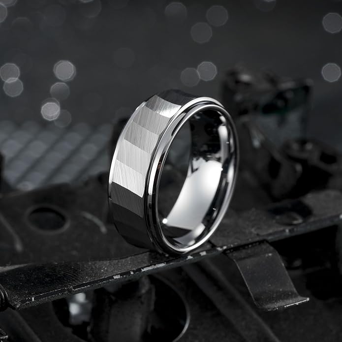 King Will Classic Tungsten Carbide Ring Brushed Two Grooved Center Hammered Design Mens Wedding Band for Men