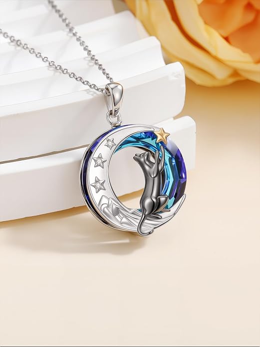 TOUPOP Cat Necklace Gifts for Women Sterling Silver Celtic Mounatin Moon Pendant with Blue Crystal Birthday Christmas Jewelry Gifts for Women