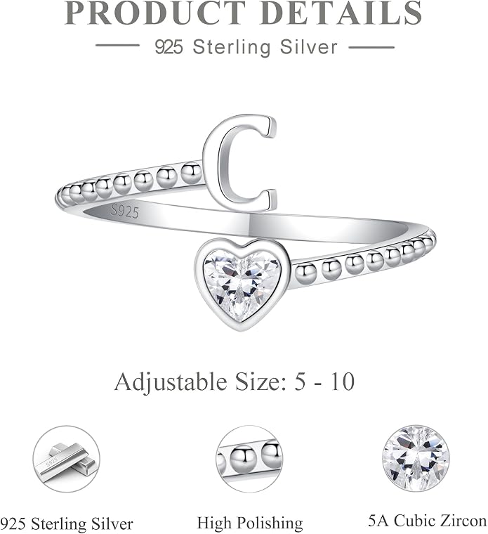 Step Forward 925 Sterling Silver Adjustable Initial Ring for Women | Non Tarnish Letter Rings for Lady | Alphabet Heart Thumb Rings | Capital Letter Jewelry Gifts