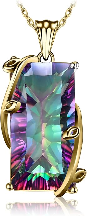 JewelryPalace Multicolor Luxurious 15.2ct Rectangle Genuine Mystic Quartz Pendant Necklaces for Women, 14K White Yellow Rose Plated Gold 925 Sterling Silver Natural Gemstones, 18 Inches Chain