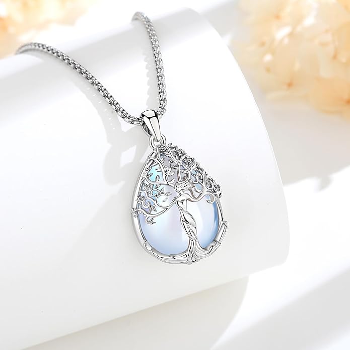 AEONSLOVE Tree of Life Necklace with Crystal for Women, Amethyst/Obsidian/Turquoise/Moonstone/Malachite Crystal Pendant Necklaces for Ladies