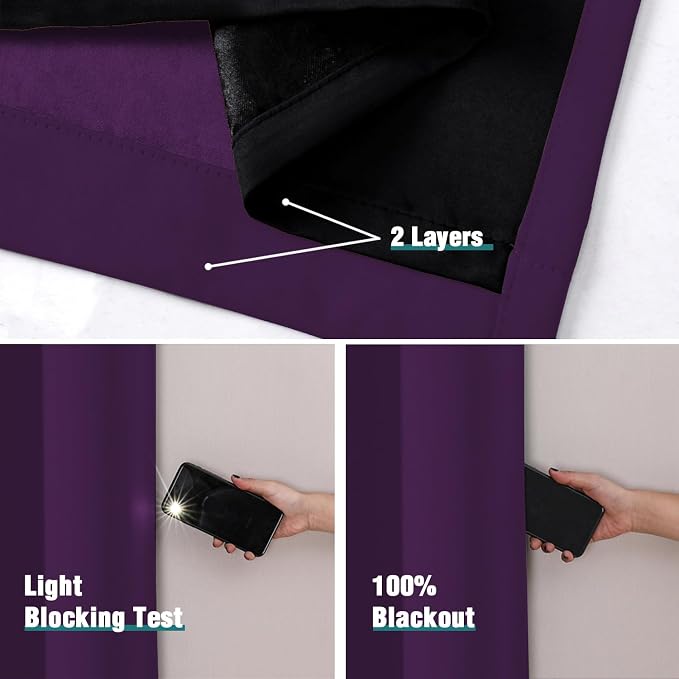 ChrisDowa 100% Blackout Curtains for Bedroom 102 Inches Long 2 Panels Set | 2 Thick Layers, Thermal Insulated, Light Blocking, Grommet, Long Window Drapes, for Living Room, Royal Purple, 52 x 102 Inch