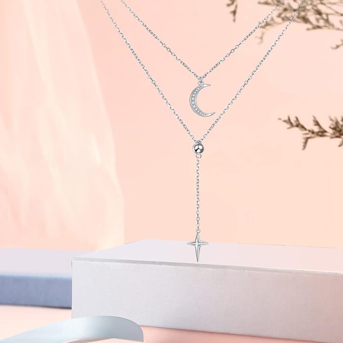 Layered Choker Necklaces for Women S925 Sterling Silver Circle/Heart/Cross/Star Multi Layered Necklace Handmade Bead Chain Adjustable Jewelry for Birthday