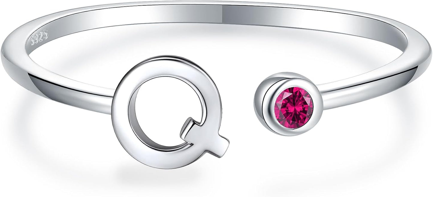 925 Sterling Silver Initial Letter Birthstone Rings for Women Adjustable 1-12 Month Birthstone Alphabet Stacking Ring for Teens Girls Stackable Birthstone Rings Birthday Jewelry Gift for Daughter Mom