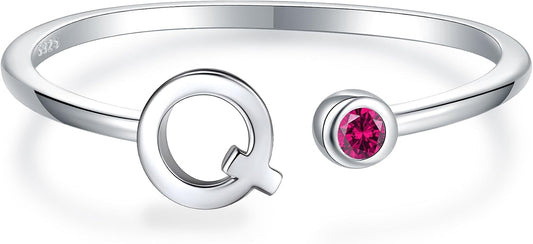 925 Sterling Silver Initial Letter Birthstone Rings for Women Adjustable 1-12 Month Birthstone Alphabet Stacking Ring for Teens Girls Stackable Birthstone Rings Birthday Jewelry Gift for Daughter Mom