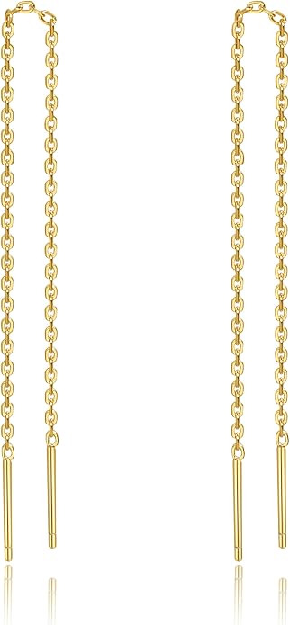 S.Leaf S925 Sterling Silver Threader Chain Earrings 18K Gold Plated Cubic Zirconia Dainty Dangle Double Piercing Long Drop Dangly Pull Through Tassel Chain Earrings Gifts for Women