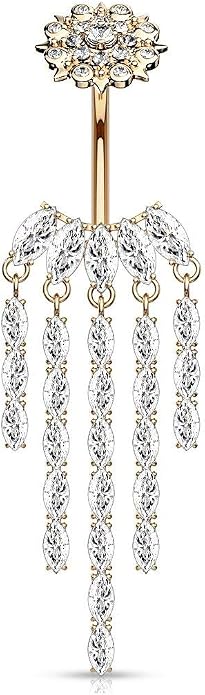 Forbidden Body Jewelry Surgical Steel Dangle Belly Button Ring with Drop CZ Chandelier & Internally Threaded CZ Flower Top