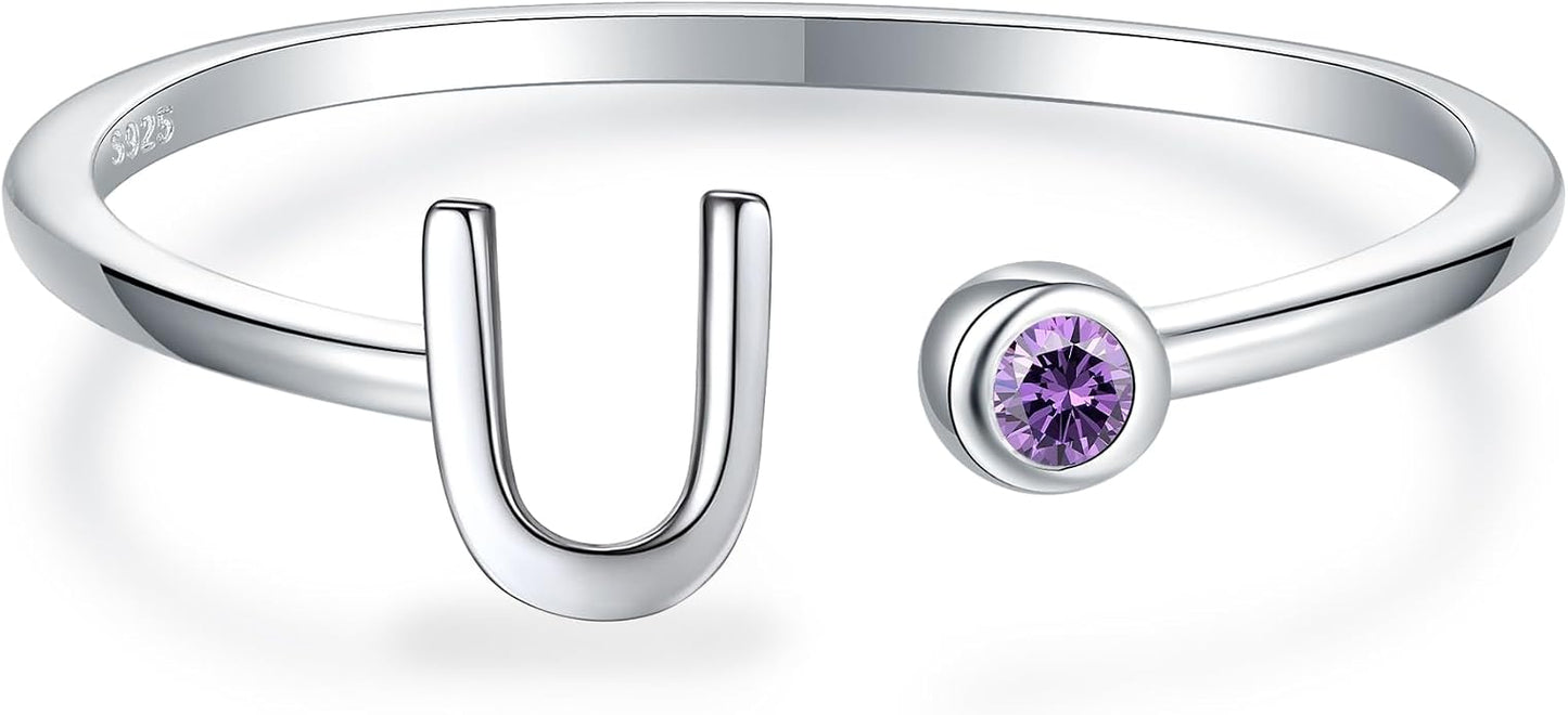 925 Sterling Silver Initial Letter Birthstone Rings for Women Adjustable 1-12 Month Birthstone Alphabet Stacking Ring for Teens Girls Stackable Birthstone Rings Birthday Jewelry Gift for Daughter Mom