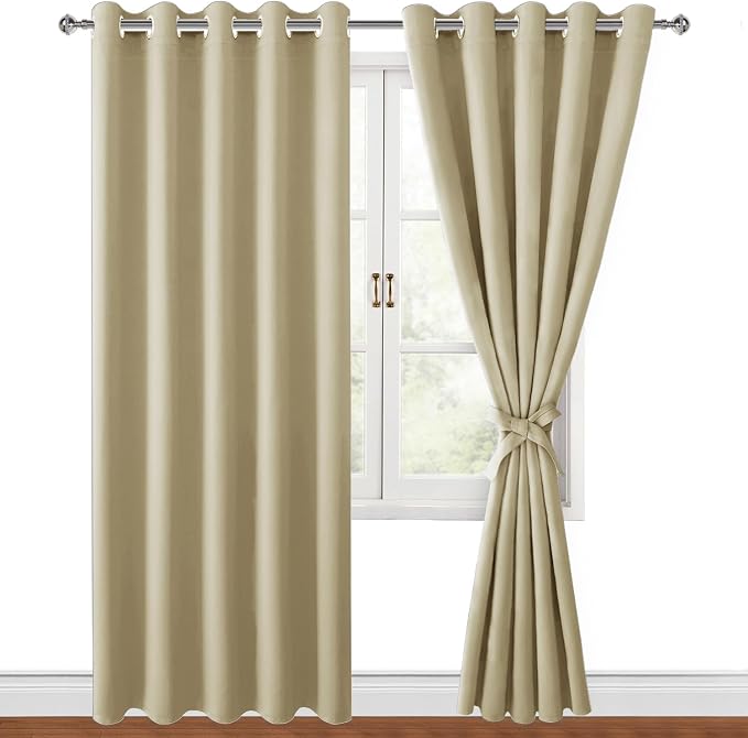 Hiasan Grommet Blackout Curtains for Bedroom, 70 x 84 Inches - Thermal Insulated & Light Blocking Window Drapes for Living Room/Dorm Room, Set of 2 Panels Sewn with Tiebacks, Light Beige