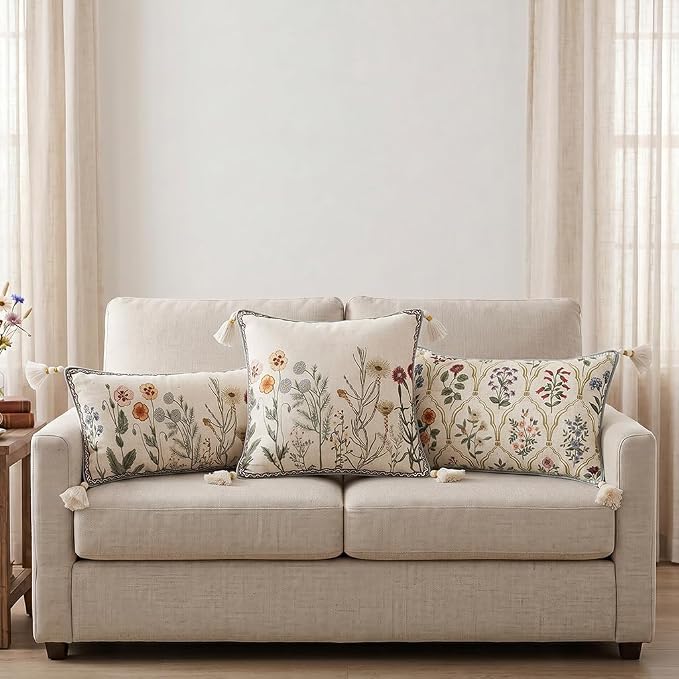 ISAENNE Designer Linen Throw Pillow Cover,Set of 2,28"x12"-Serenity B | French Elegant Rectangle Decor Pillow Cover,Concealed Zipper Design,Colorful Floral Pattern,Sofa,Bedroom,Living Room,Chair