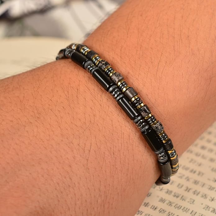 Nightfall Glow Hematite Bracelet for Men, Emperor Stone Beaded Bracelet, Handcrafted Original Design, Adjustable Stainless Steel Bracelet 6.89-8.8 Inch, Stackable Wrist Bracelet, Birthday Gift for Men Dad Boyfriend