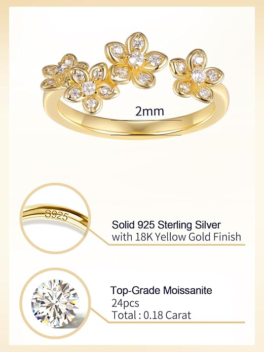 Moissanite Flower/Butterfly/Star Pretty Open Ring for Women, Adjustable Ring, Solid 925 Sterling Silver with Gold Plated, Stackable Ring, Birthday Valentines Anniversary Mothers Day Ideal Gift for Her