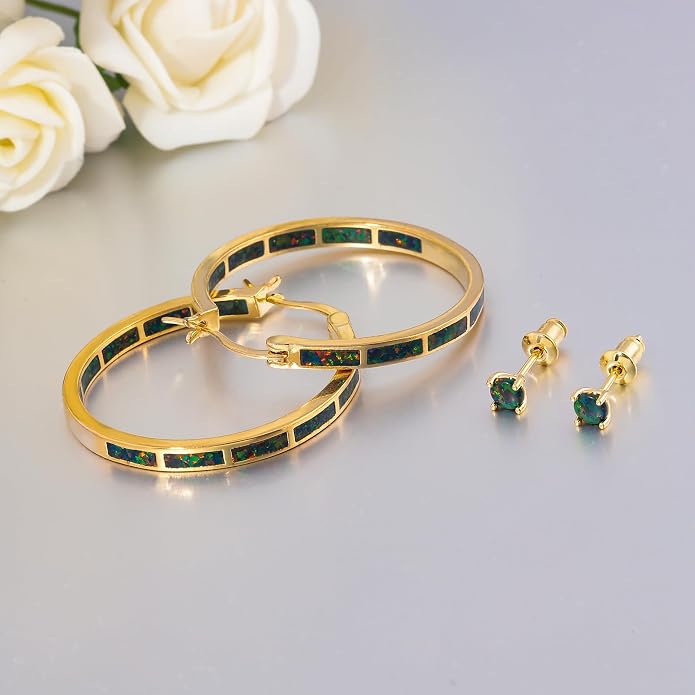 CiNily Opal Hoop Earrings,Women Jewelry Rhodium Plated/Rose Gold or Yellow Gold Plated Gemstone Big Hoop Earrings 32mm