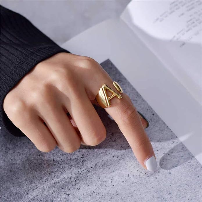 KeyStyle Bold Initial Letter Rings Adjustable, GoldChic Jewelry Women Gold Statement Ring Personalized Engraved Women’s Open Signet Ring for Party (Gold, White Gold, Black)
