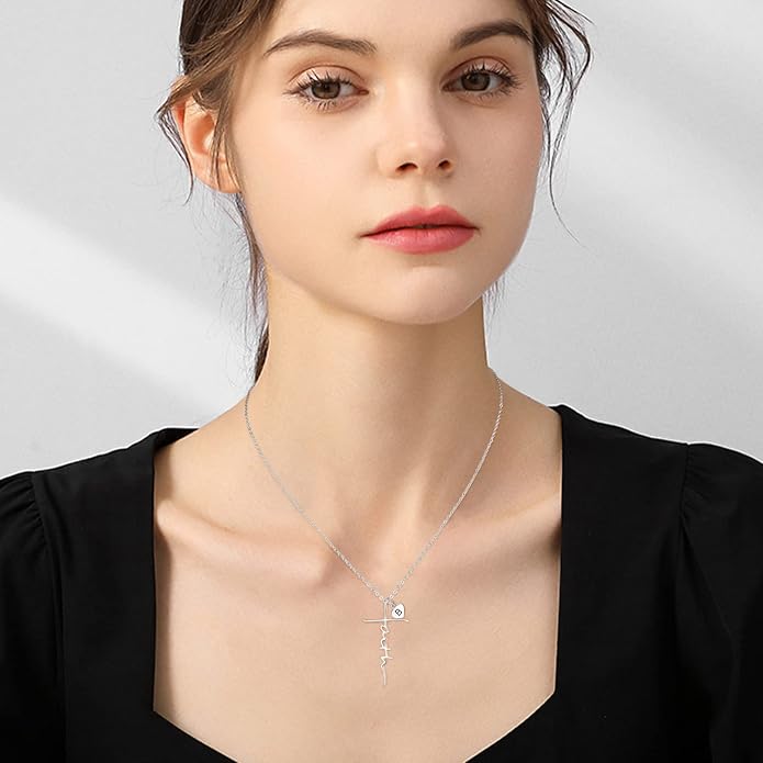PRAYMOS Faith Cross Necklace for Women 925 Sterling Silver Pendant Necklace With Birthstone Initial Christian Religious Confirmation Baptism Mothers Day Gifts