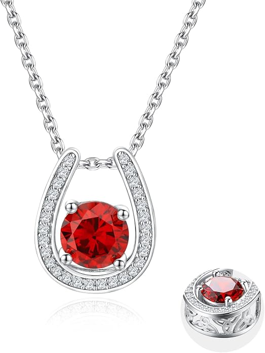 925 Sterling Silver Horseshoe Necklace for Women Round Gemstone Birthstone Necklace Sapphire/Emerald/Ruby/CZ Horse Shoe Pendant Necklaces Jewelry Gift