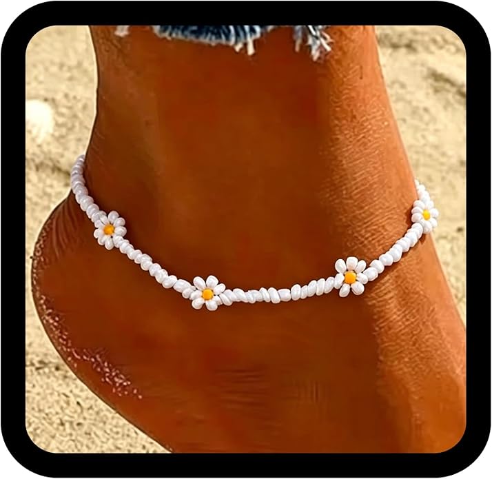 Ursumy Boho Ankle Bracelets for Women Summer Beaded Anklets Chain Beachy Flower Foot Jewelry